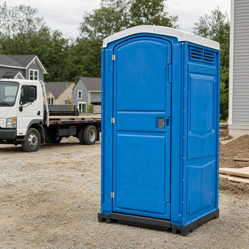Delivery driver positioning a clean royal-blue portable toilet on level ground at a Portland worksite