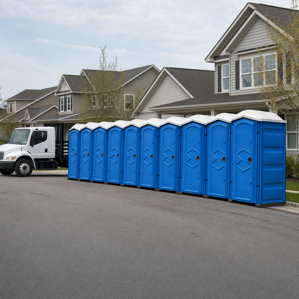 Royal blue portable toilets staged in a tidy row at a Portland jobsite, ready for delivery